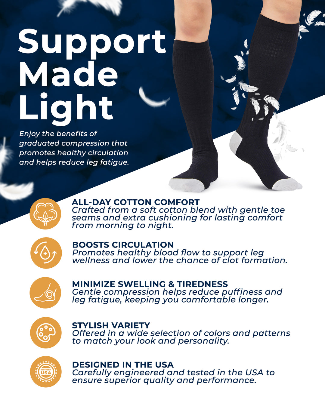 Pembrook Cotton Light Compression Socks for Women - 3 Pairs | 8-15 mmHg