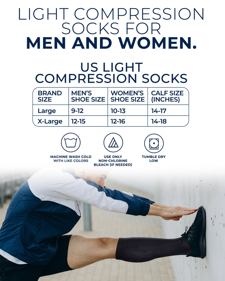Light compression socks for men and women with size chart and care instructions.