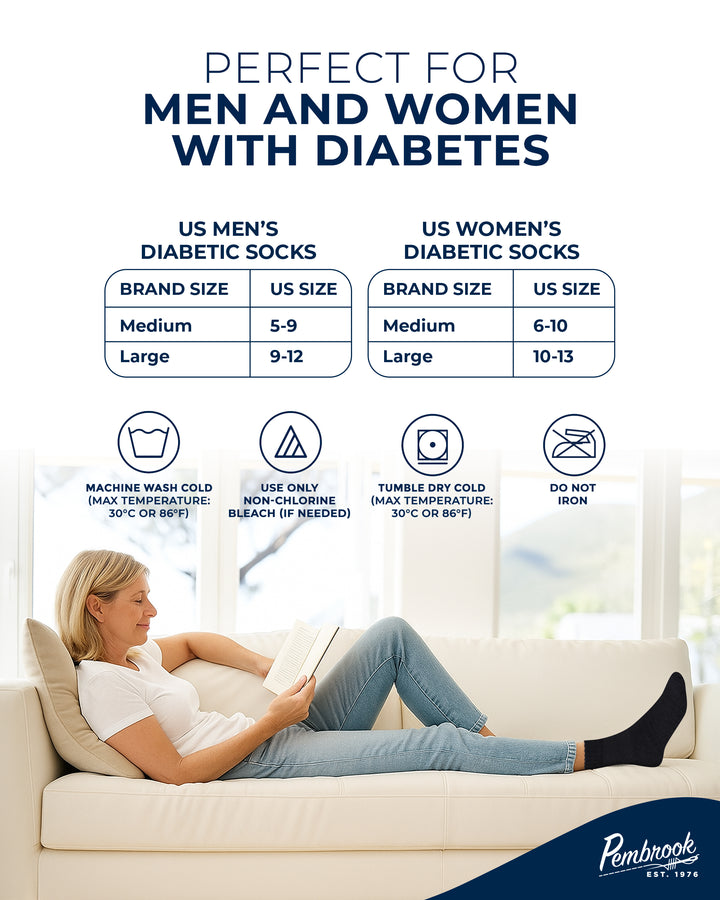 Woman reading a book on a couch with text about diabetic socks for men and women, and Pembrook branding.