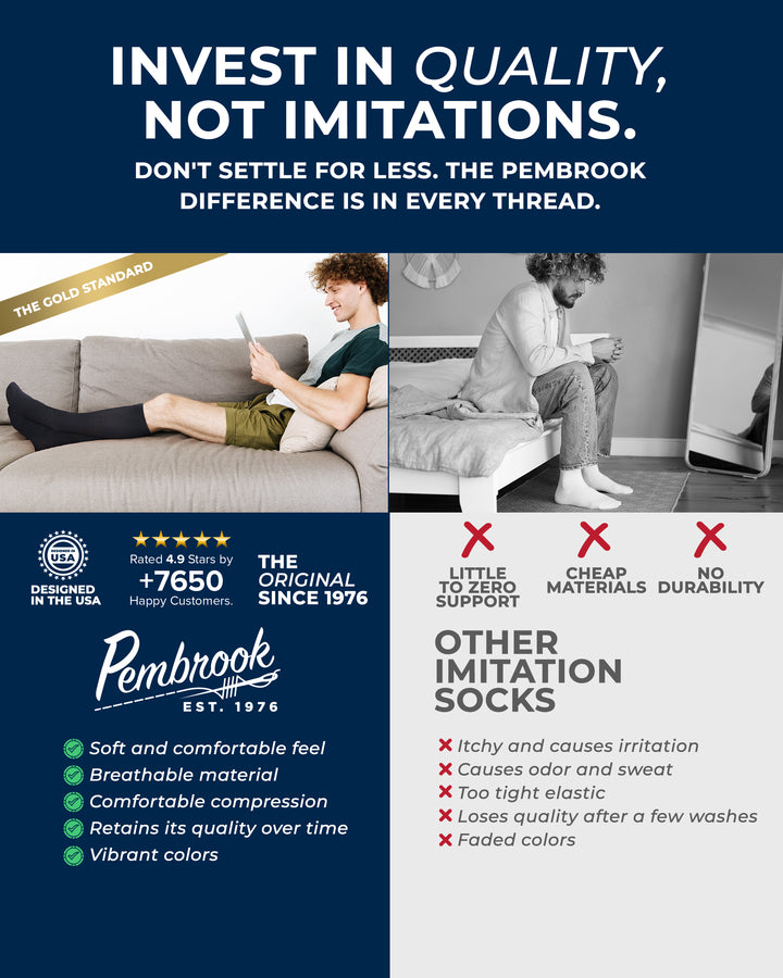 Advertisement for Pembrook socks with lifestyle images and product features.