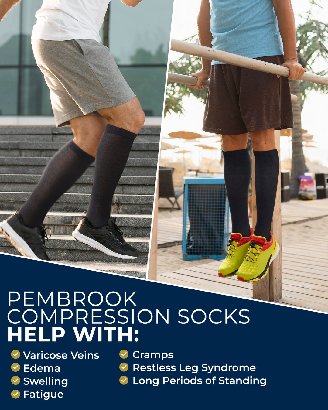 Two people wearing compression socks with a list of benefits for Pembrook compression socks.