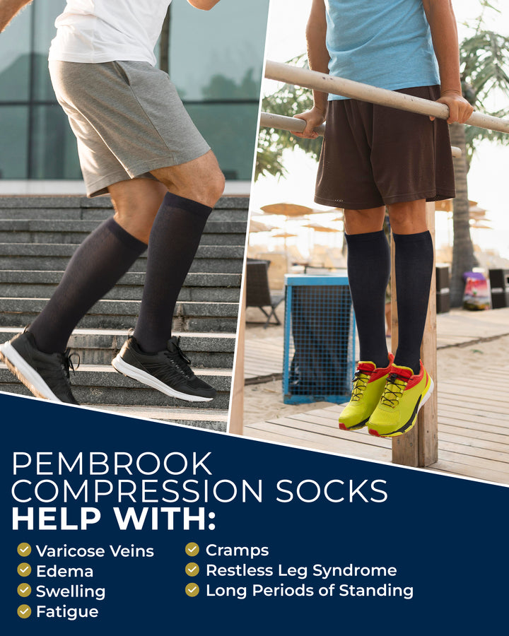 Two people wearing compression socks with a list of benefits for Pembrook compression socks.