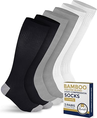 Pack of black, gray, and white compression socks with packaging on a white background