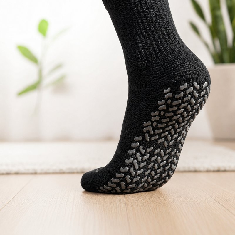 Black non-slip socks with gray textured pattern worn indoors on a light wooden floor.