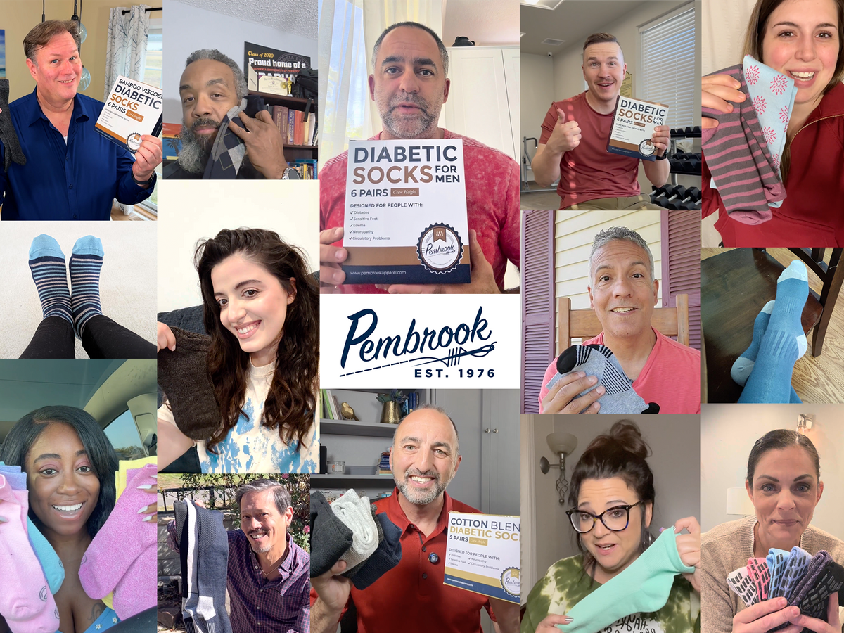 Collage of people holding and wearing Pembrook diabetic socks with product packaging.