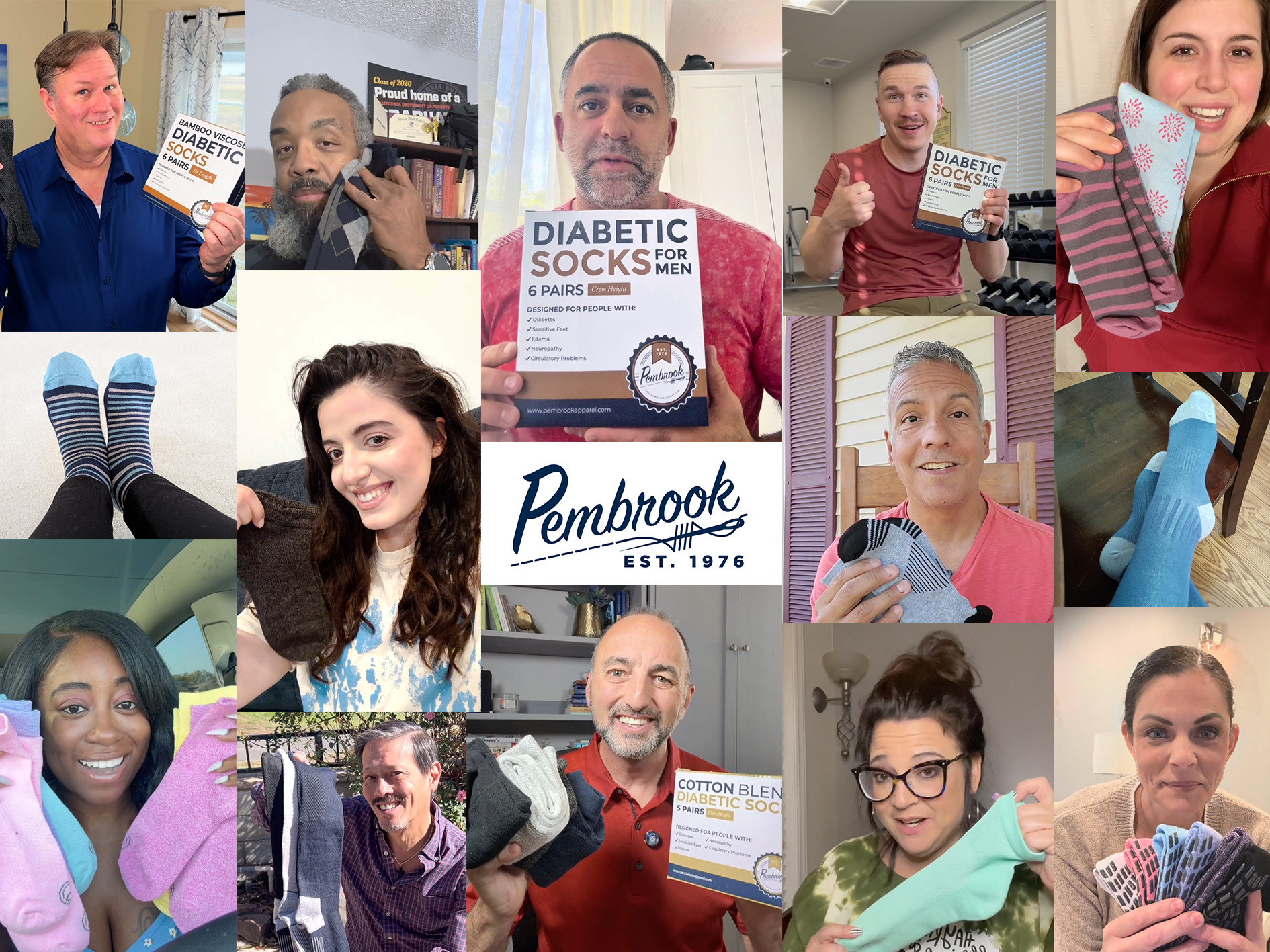 Collage of people holding and wearing Pembrook diabetic socks with product packaging.