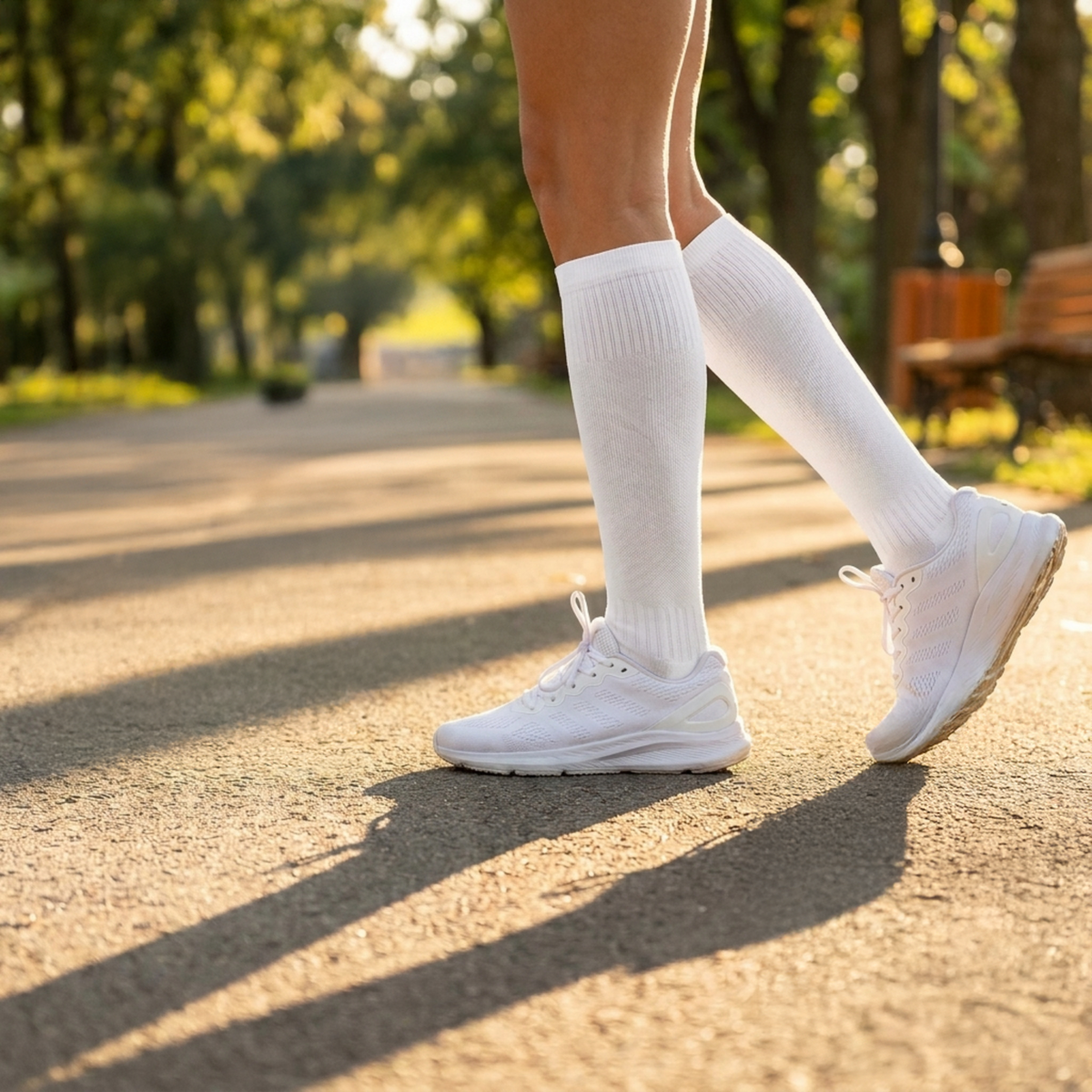 Person wearing white sneakers and socks walking on a path in a park.