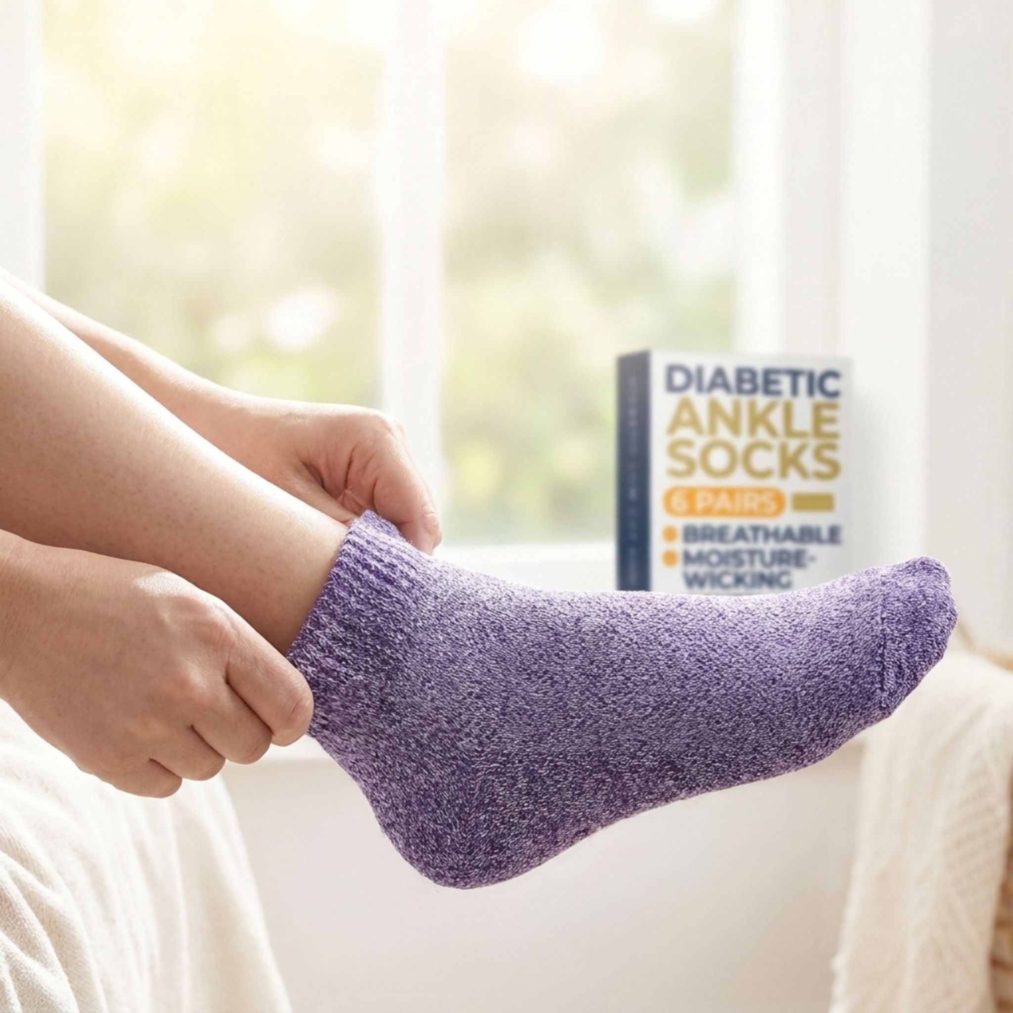 Person wearing a purple diabetic ankle sock with a box of diabetic ankle socks in the background.