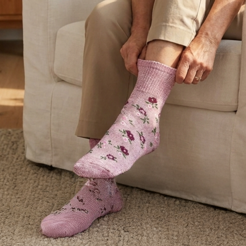Person wearing pink floral socks sitting on a beige couch.