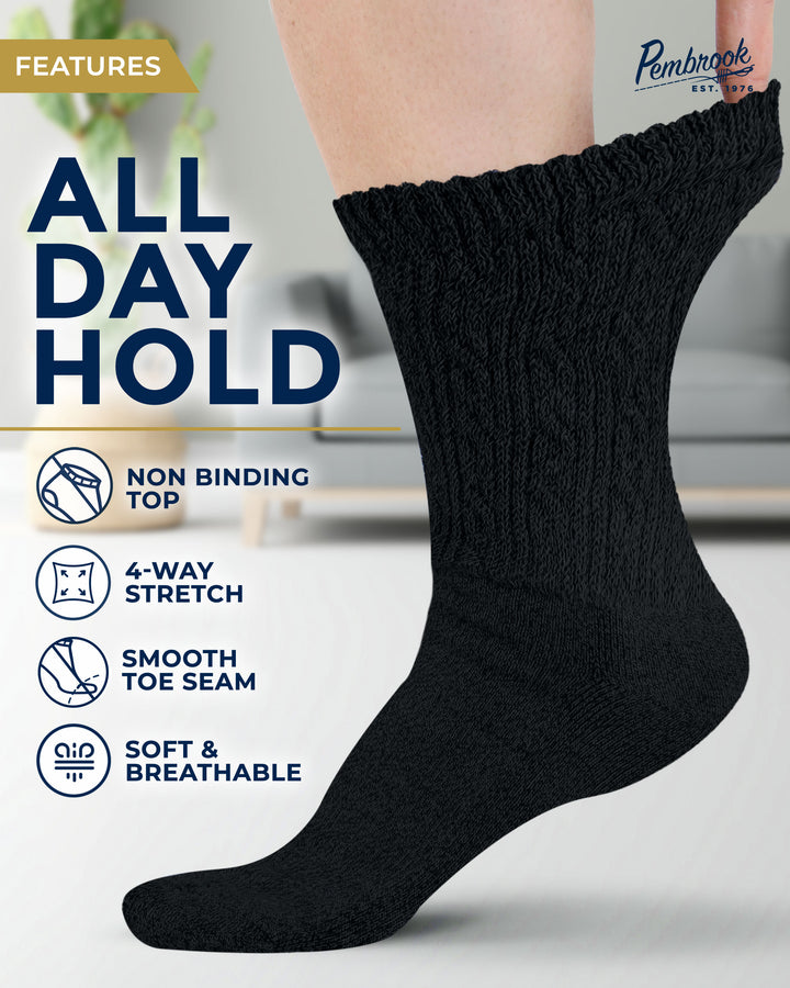 Black sock with features listed on a blurred indoor background
