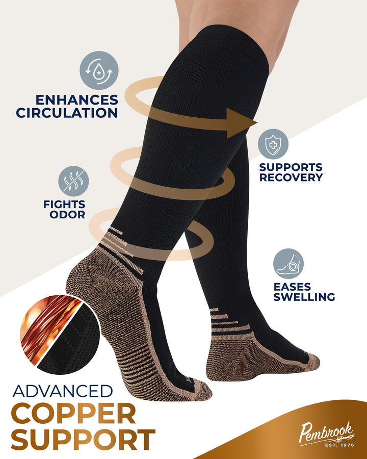 Black compression socks with text highlighting benefits on a light gray background