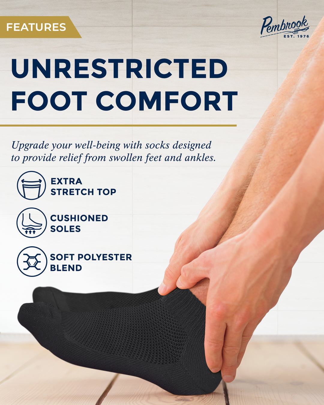 Black sock being worn with text highlighting features on a tiled floor background