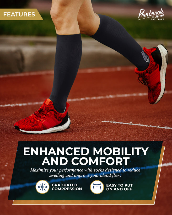 Person wearing red running shoes and black compression socks on a track, with promotional text about enhanced mobility and comfort.