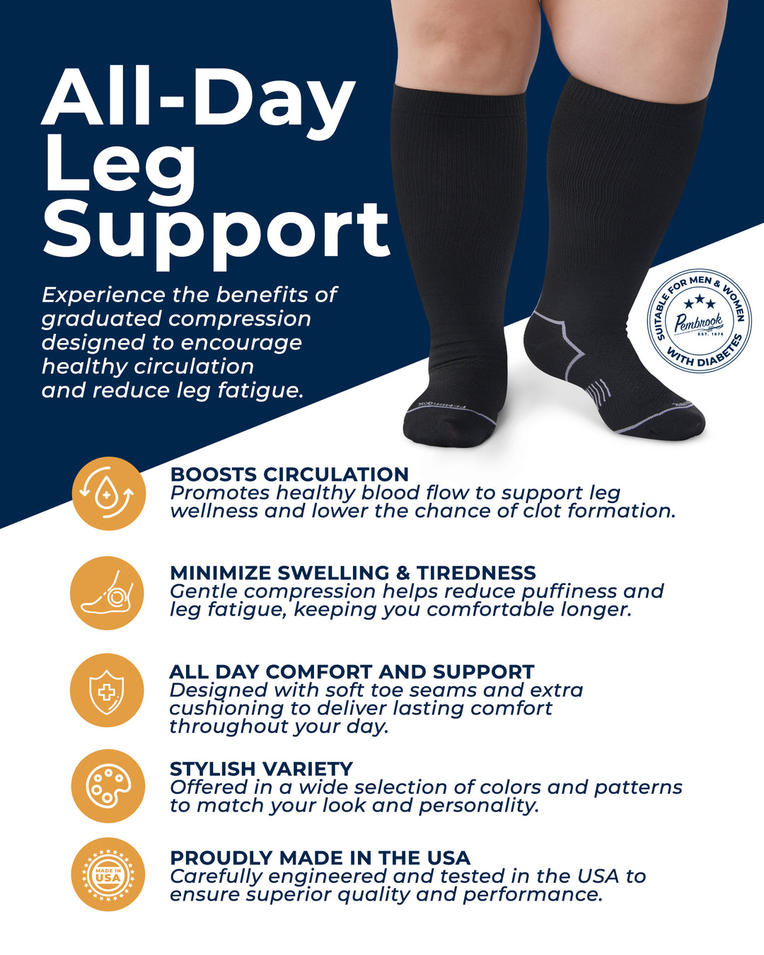 Black compression socks with text about all-day leg support on a blue background