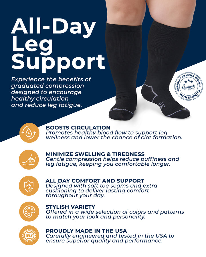Black compression socks with text about all-day leg support on a blue background