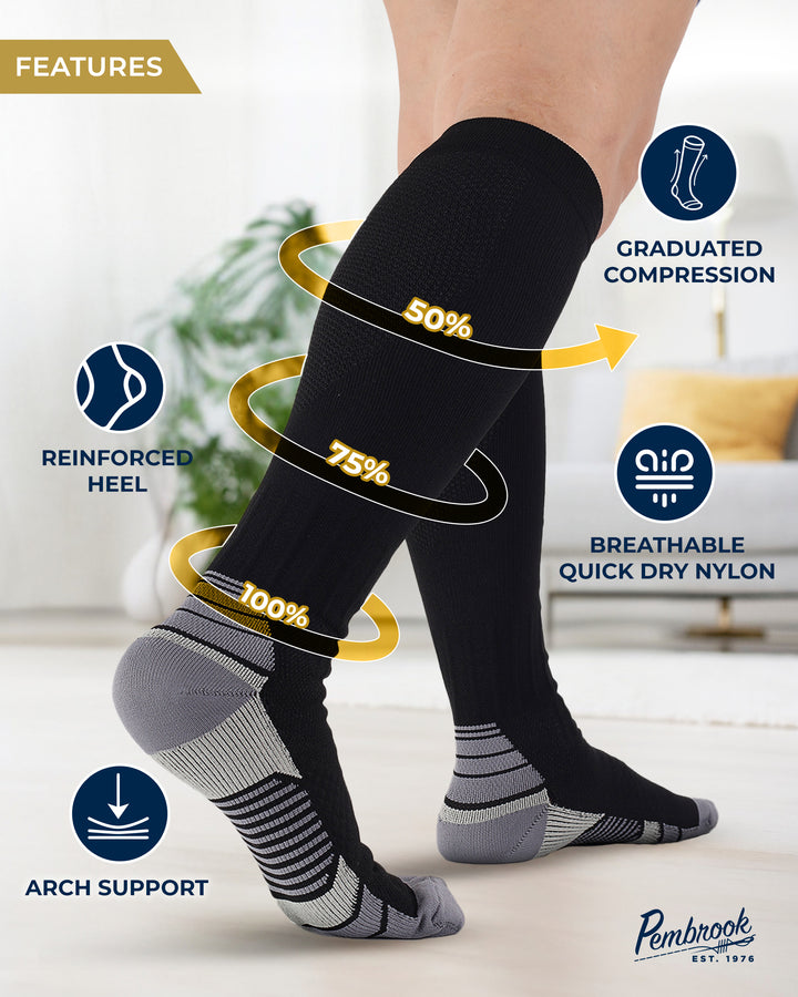 Black compression socks with features highlighted on a blurred indoor background