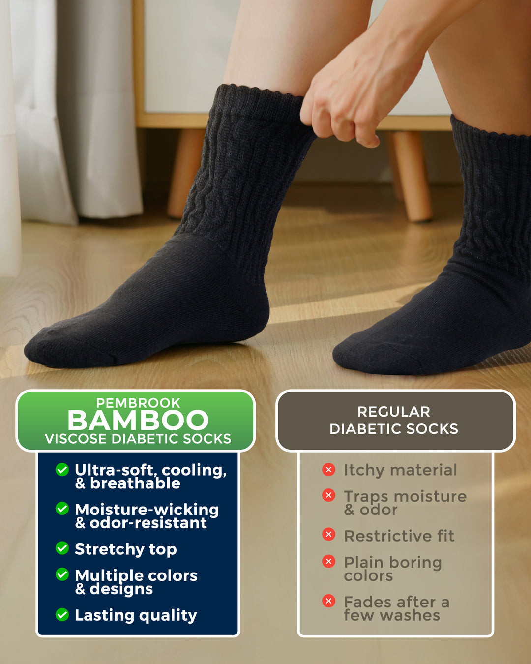 Person wearing black bamboo diabetic socks with feature comparison text overlay.