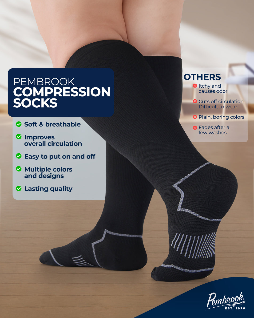 Black compression socks with text highlighting features and benefits on a neutral background
