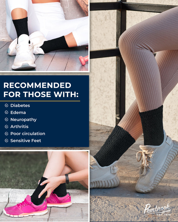 Collage of people wearing black compression socks with text on recommended conditions.