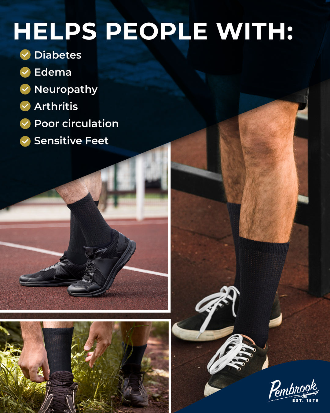 Compression socks being worn with a list of conditions they help, on a blue background.