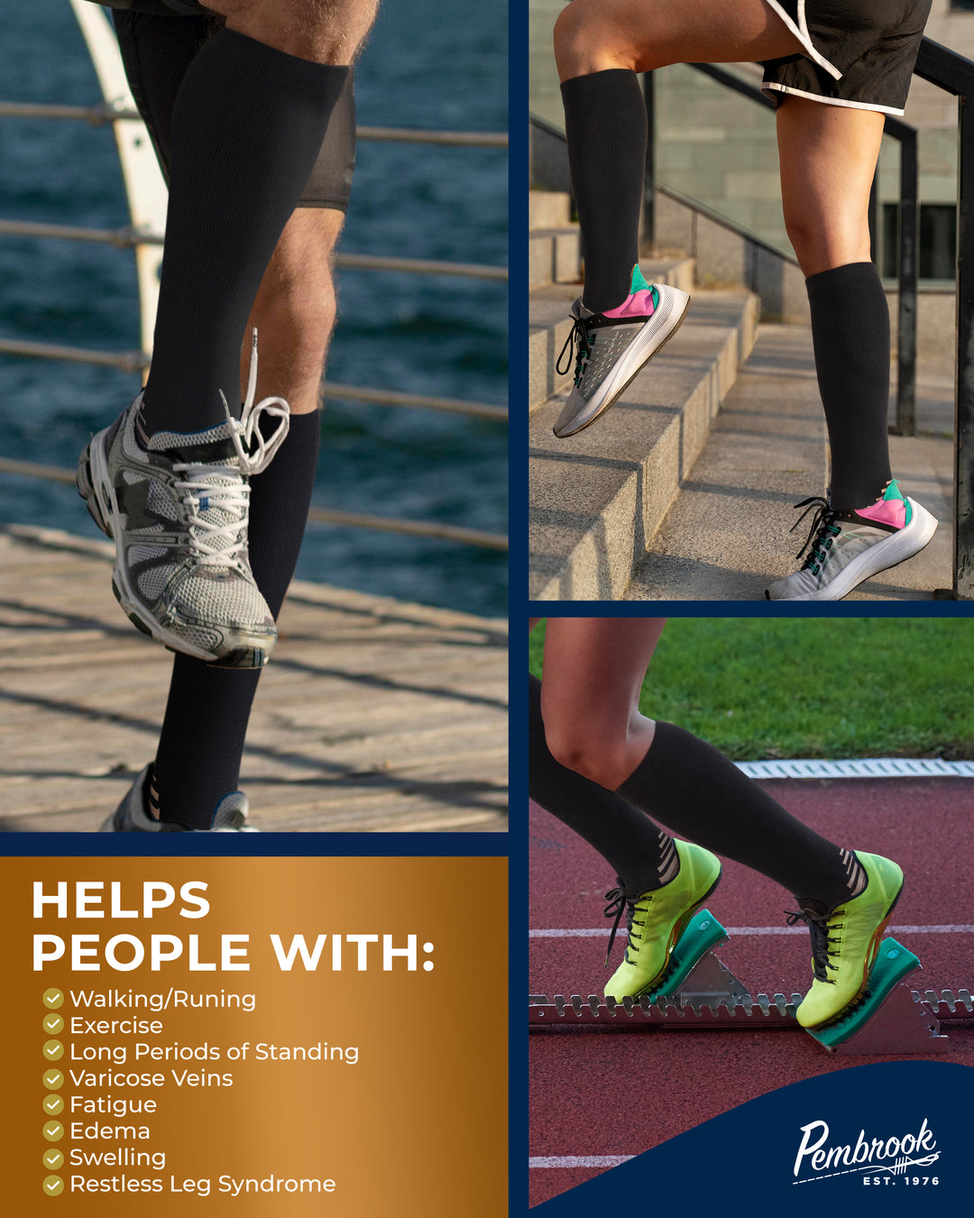Collage of people wearing compression socks and shoes on various surfaces with Pembrook branding.