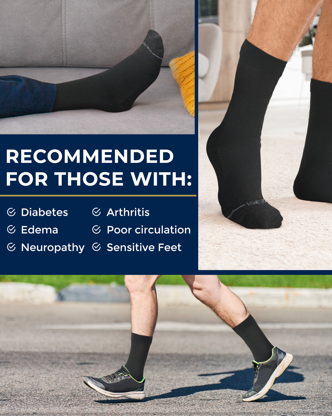 Black socks recommended for those with diabetes, arthritis, edema, poor circulation, neuropathy, and sensitive feet.
