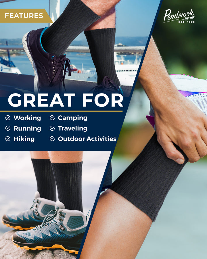 Black socks with text highlighting features for working, camping, running, traveling, and outdoor activities.
