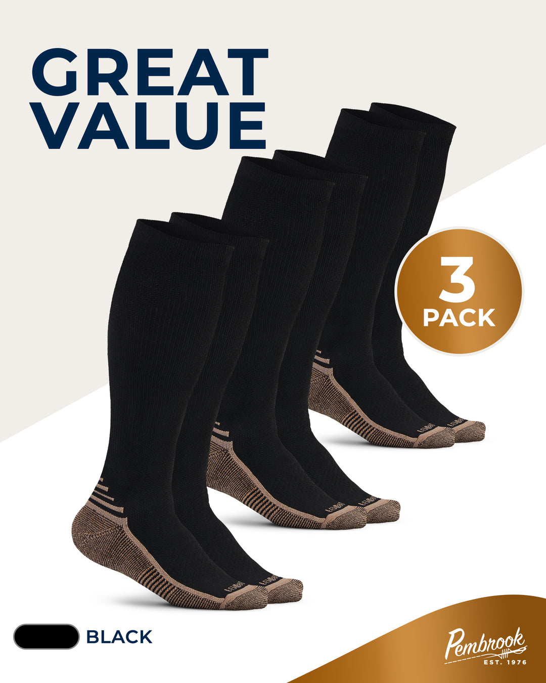 Three pairs of black and brown socks with &