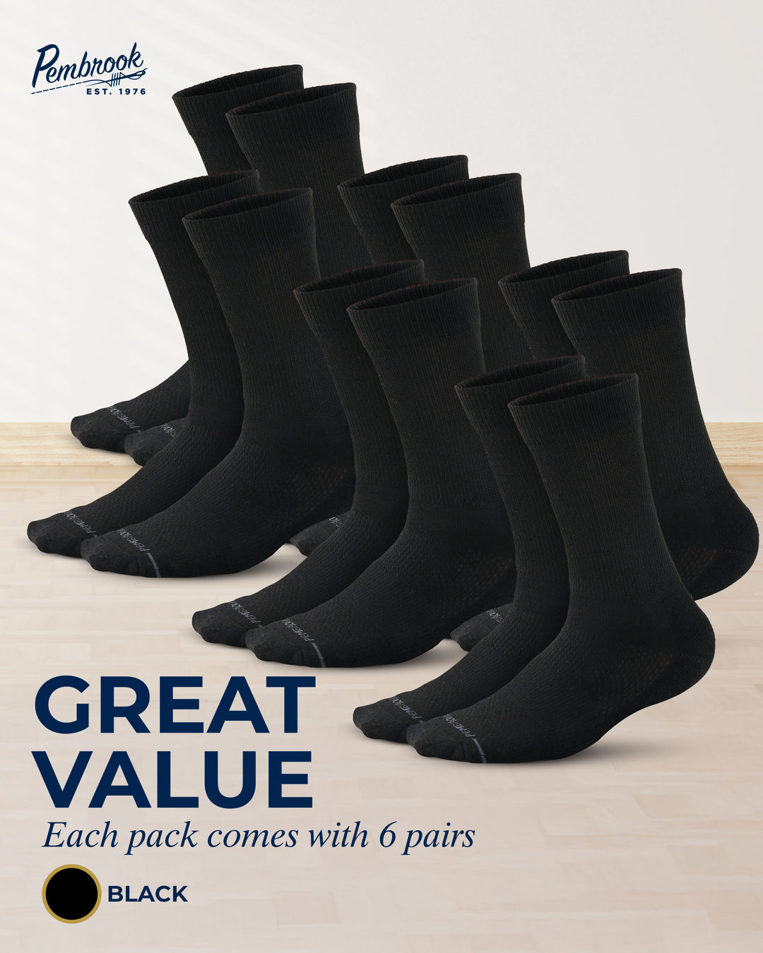 Pack of six black socks with Pembrook branding on a light background