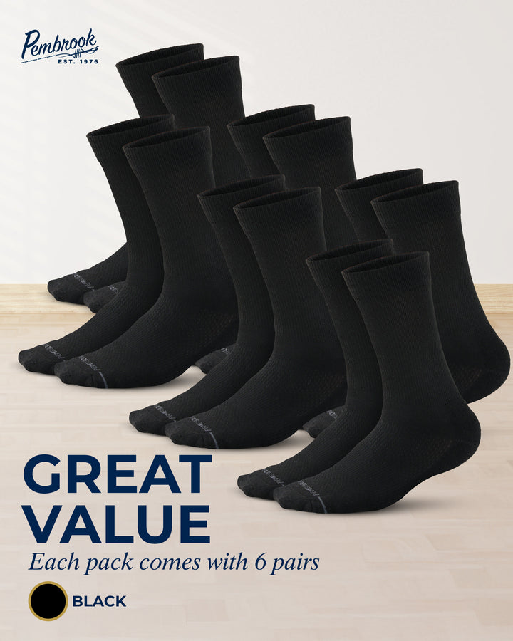 Pack of six black socks with Pembrook branding on a light background