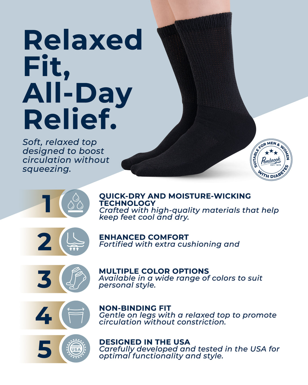Black socks with text detailing features on a white and blue background