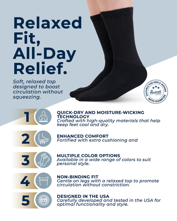 Black socks with text detailing features on a white and blue background