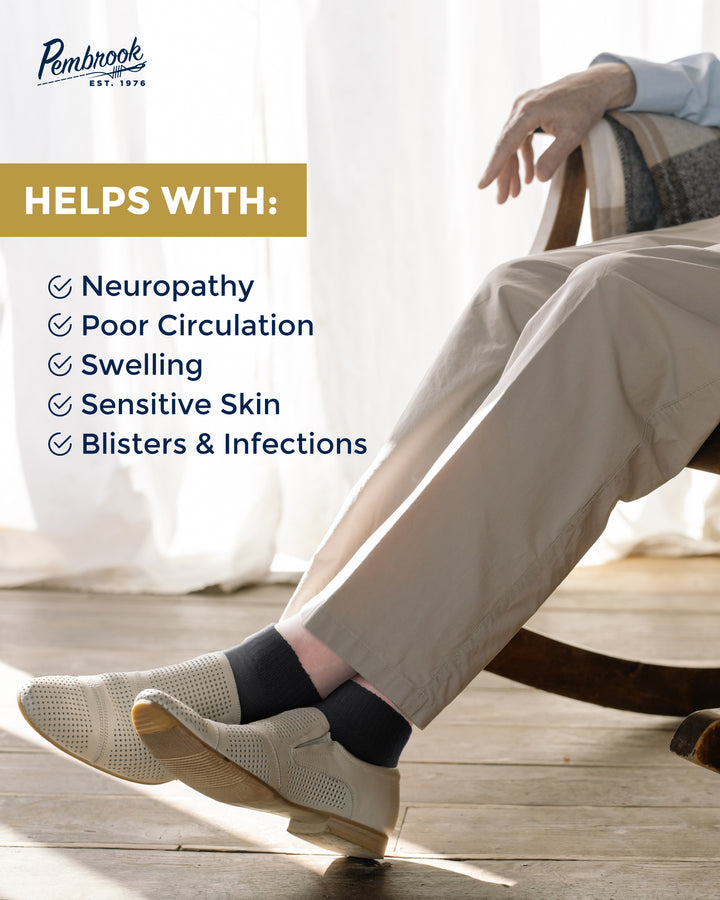 Person wearing socks with text highlighting benefits on a light background