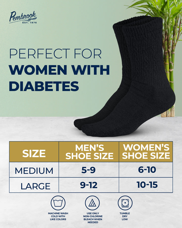Black socks on a white surface with text about diabetes-friendly socks and size chart.