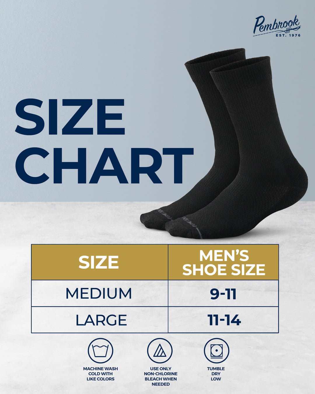 Black socks with size chart and Pembrook branding on a light gray background