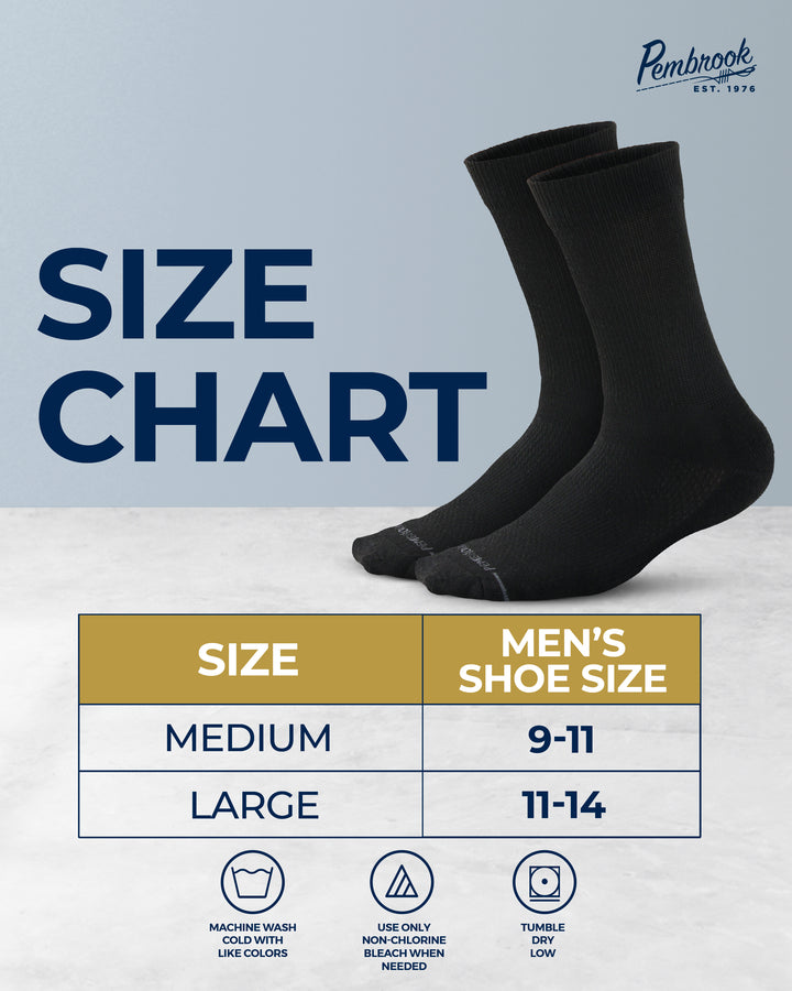 Black socks with size chart and Pembrook branding on a light gray background