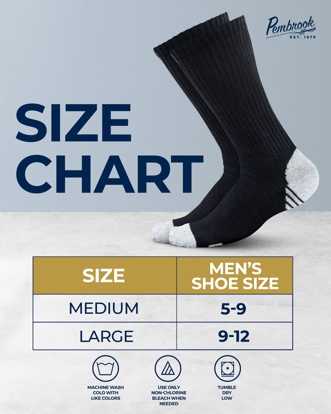 Black sock with size chart and shoe size conversion on a gray background