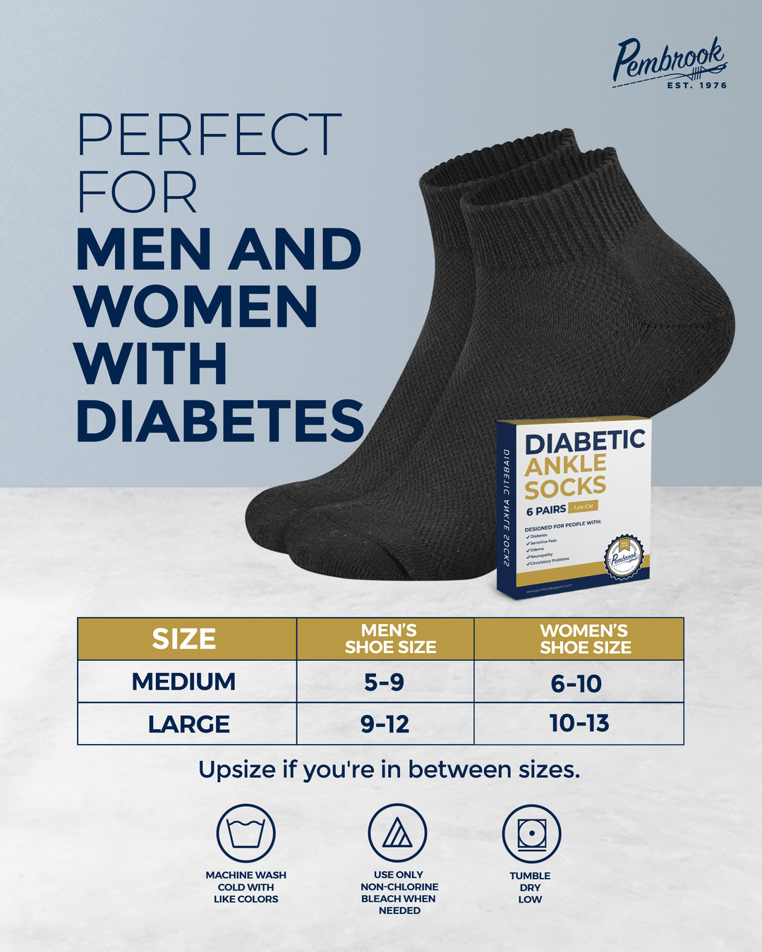 Black diabetic ankle socks with packaging and size chart on a light gray background