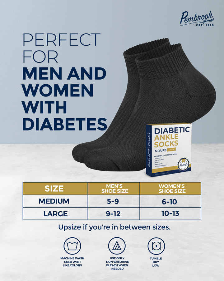 Black diabetic ankle socks with packaging and size chart on a light gray background